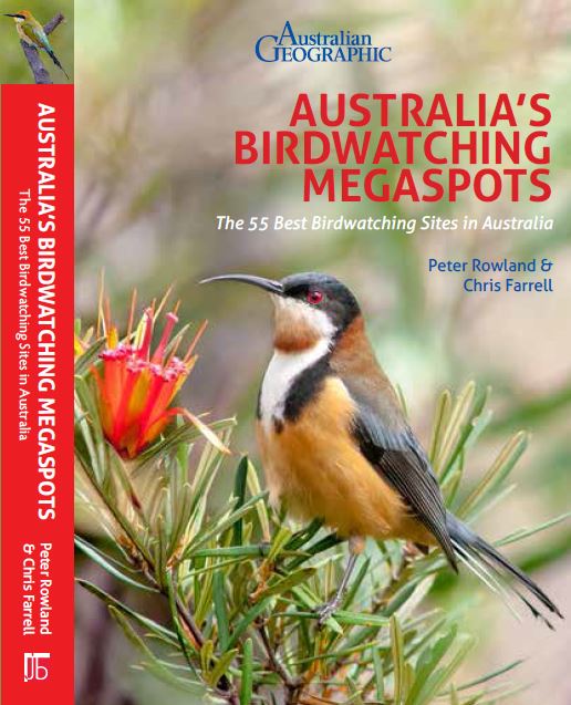 Front cover of Australia's Birdwatching Megaspots book showing a picture of an Eastern Spinebill