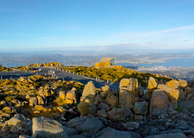 Panoramic view over Hobart from the top of Mount Wellington